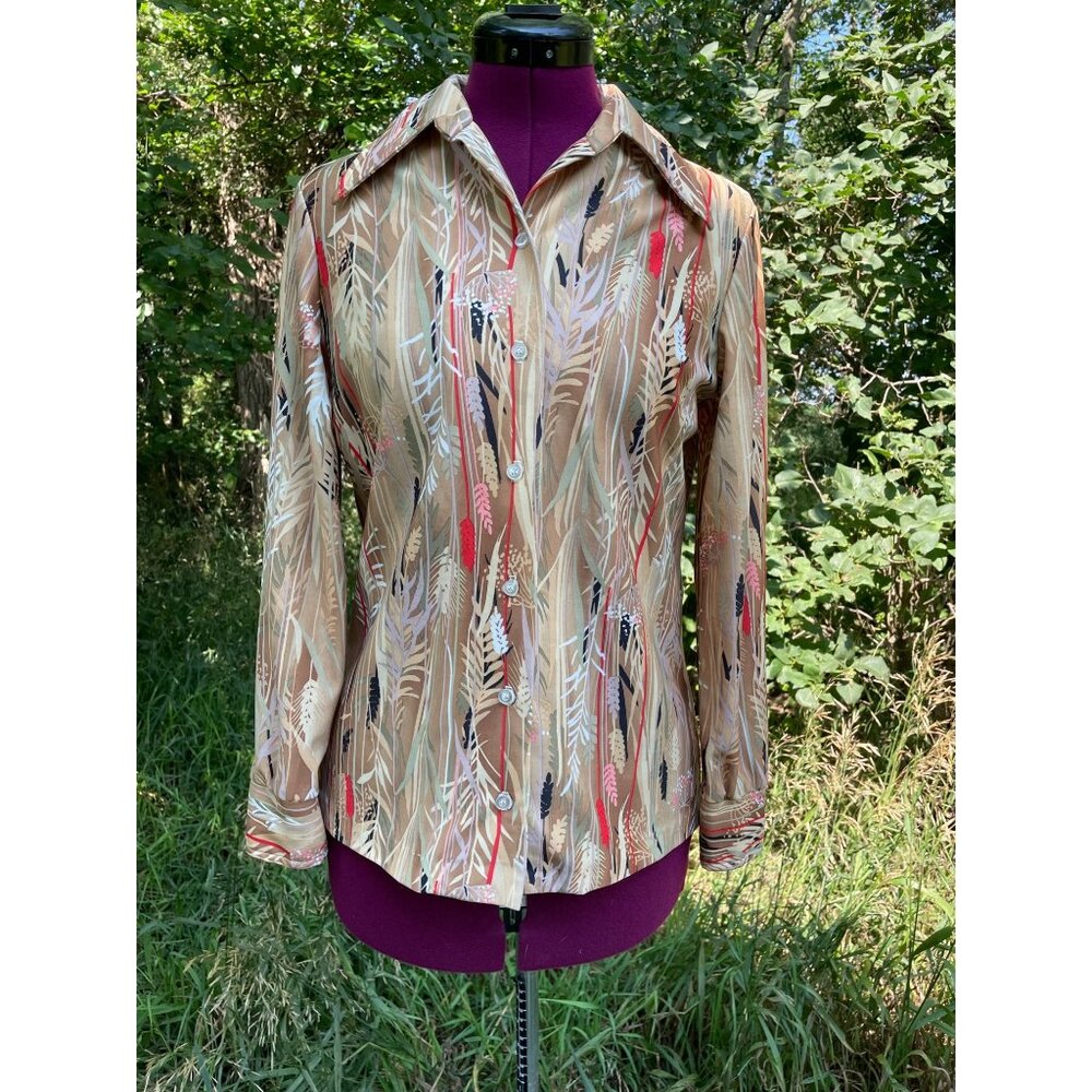 Vintage 1970s Womens Blouse Abstract Wheat plant Pattern Boho
